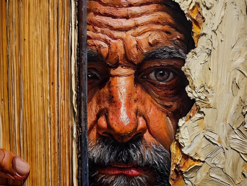 Carved wooden face with detailed texture and aging effects