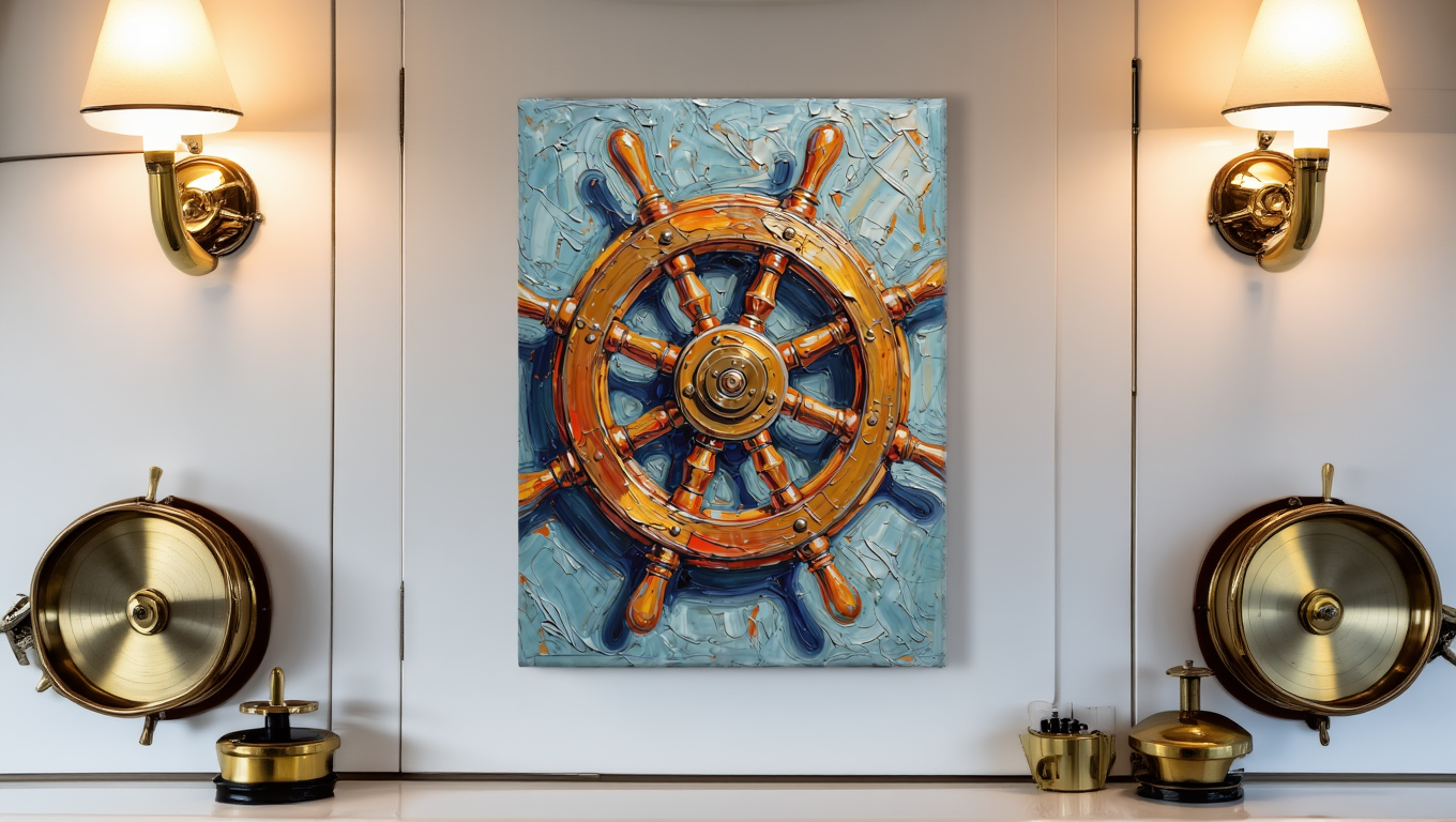 Decorative painting of a ship's wheel on a wall with gold accents.