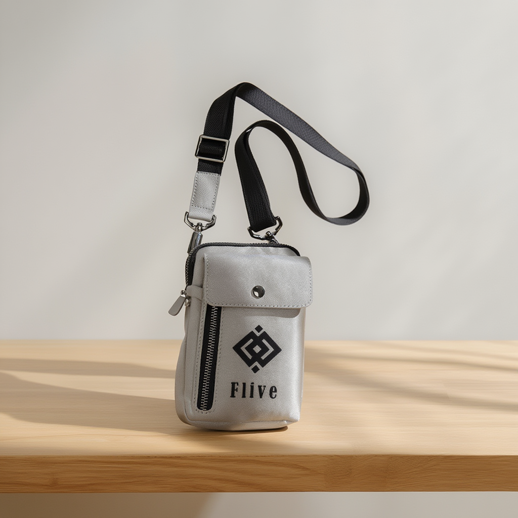 Gray crossbody bag with black strap on a wooden surface and light gray background