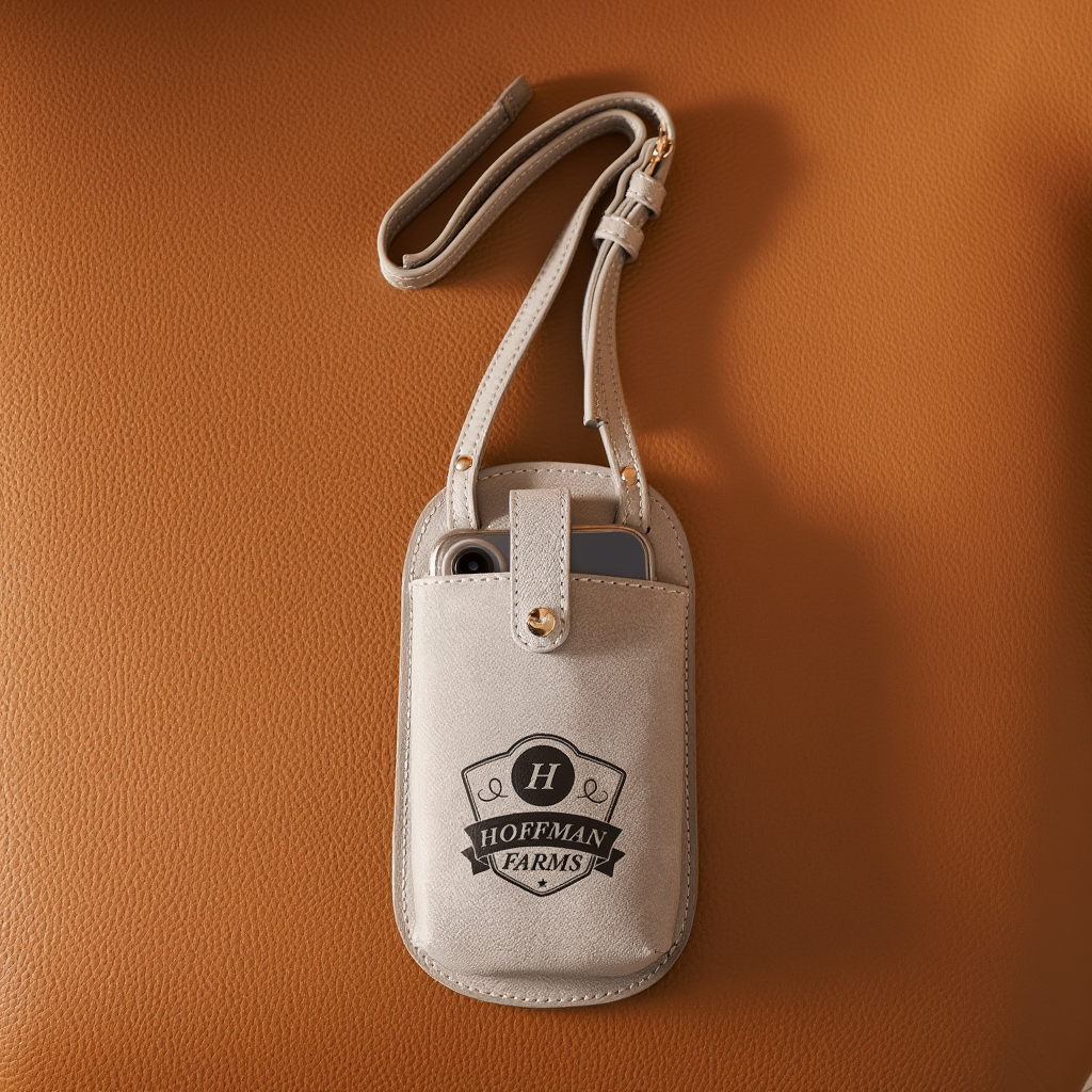 Leather phone pouch with strap on a brown background, featuring Hoffman Farms logo.