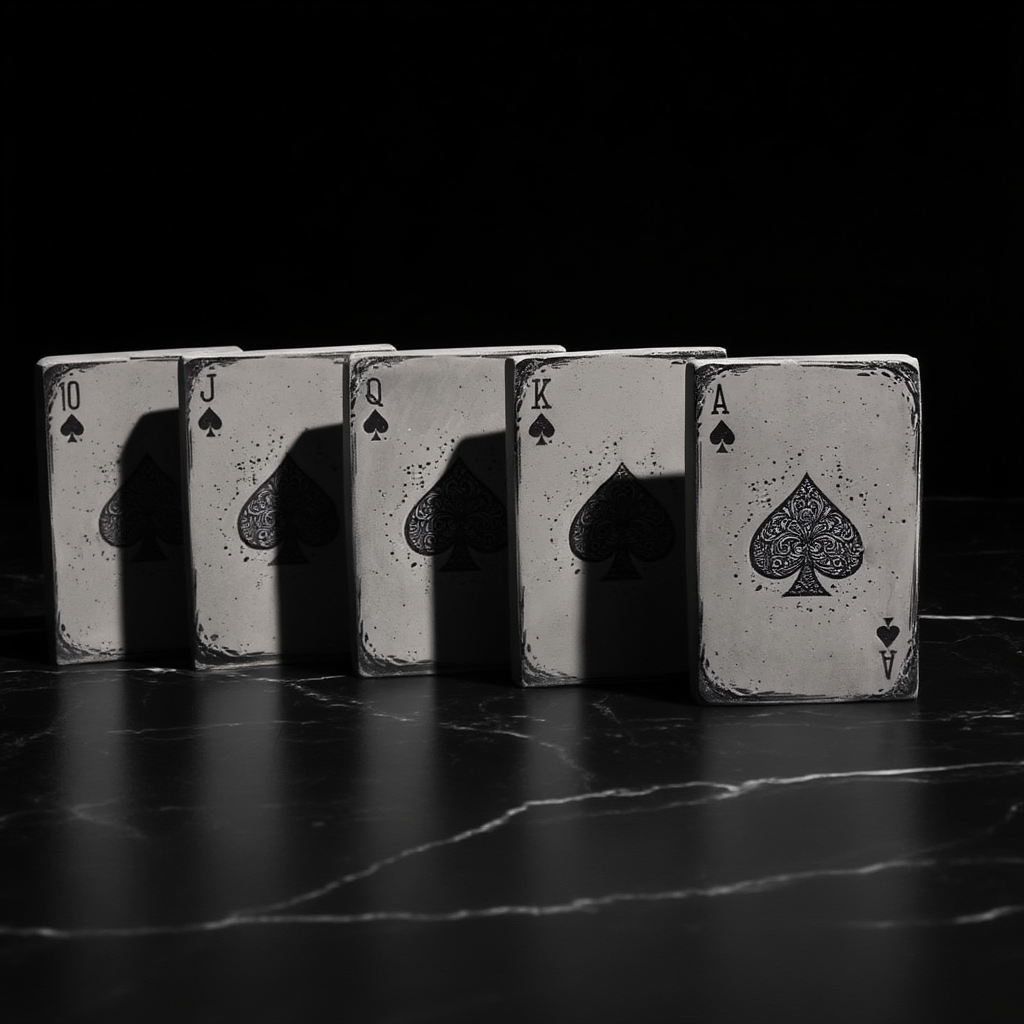 Black and white playing cards arranged in a row on a dark surface.
