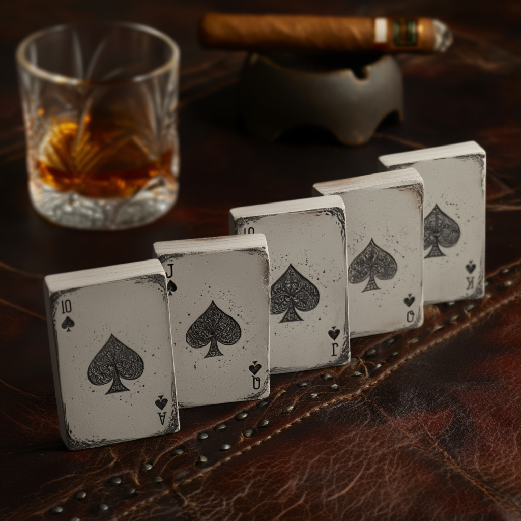 Playing cards with spade symbols on a leather surface with a glass of whiskey and a cigar.
