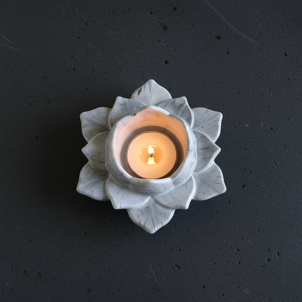 Floral-shaped candle holder with a lit candle on a dark background