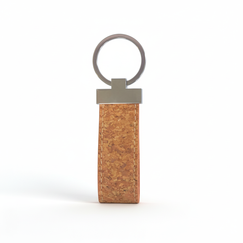 Cork keychain with metal ring on a white background