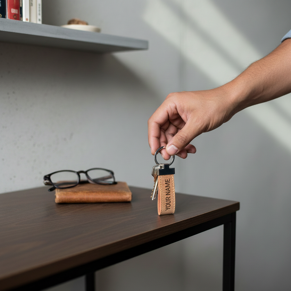 Person holding a keychain with a wooden tag on a table with glasses and a pouch.