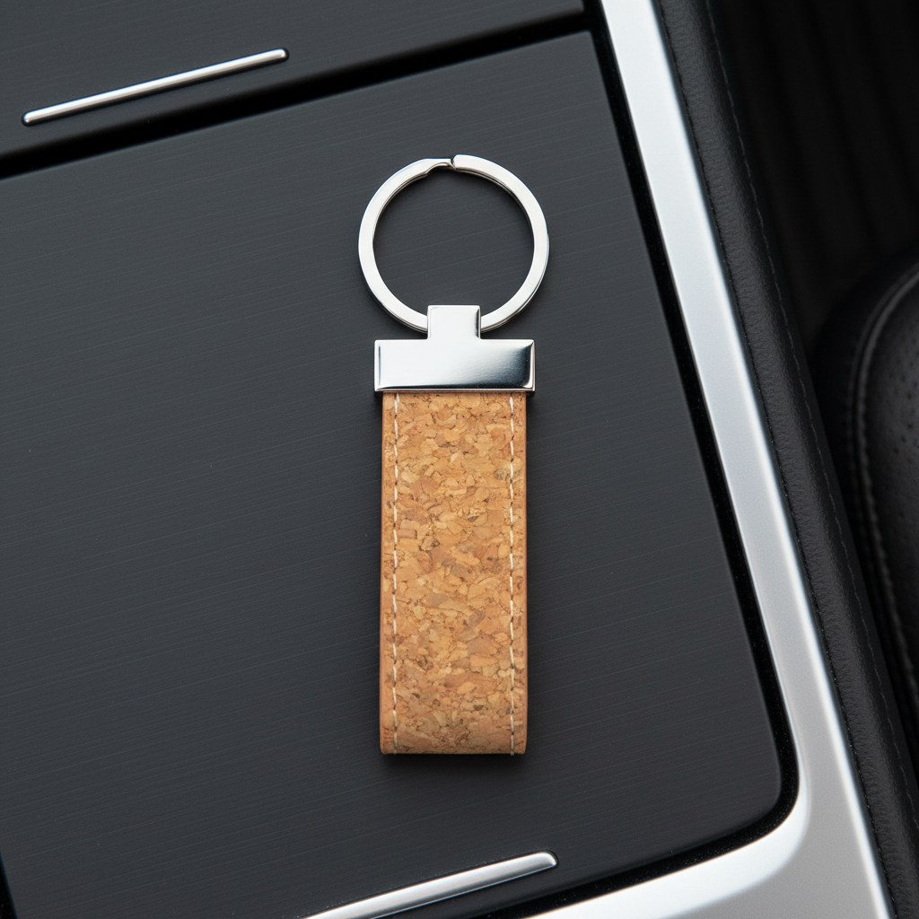 Keychain with cork-like texture and metal ring on a car door handle