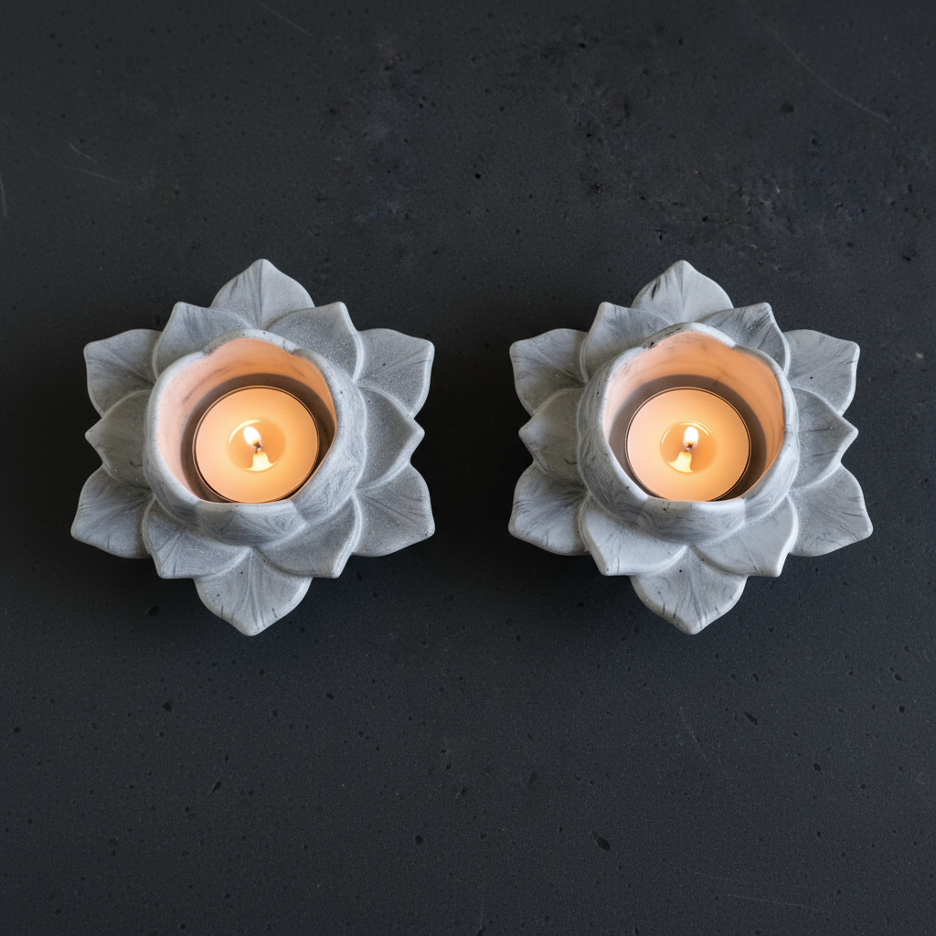 Two flower-shaped candle holders with lit candles on a dark background