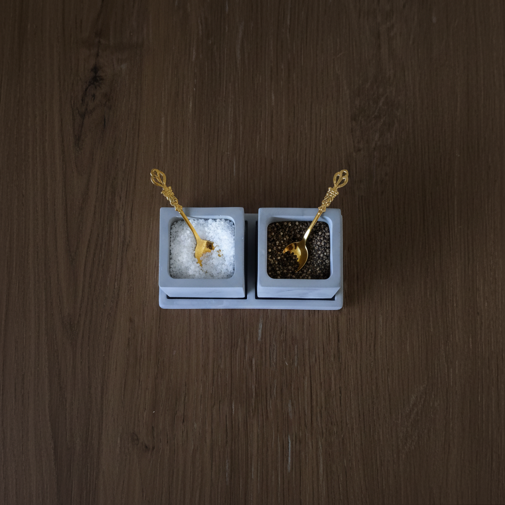 Two small containers with gold spoons on a wooden surface