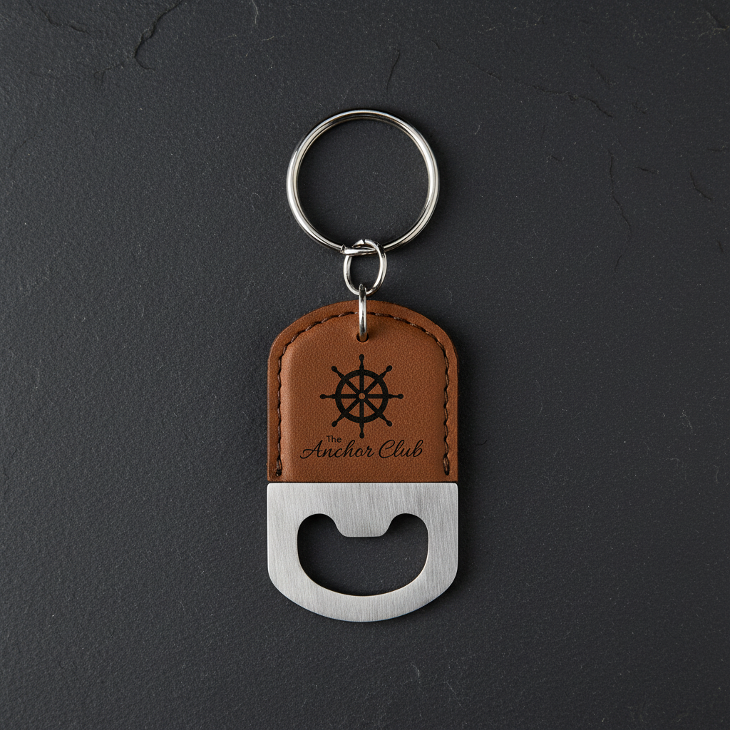 Brown leather keychain with bottle opener and 'The Anchor Club' logo on a dark gray background