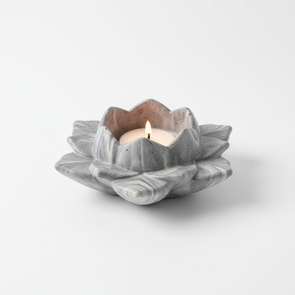 Marble-patterned candle holder with a lit candle on a white background