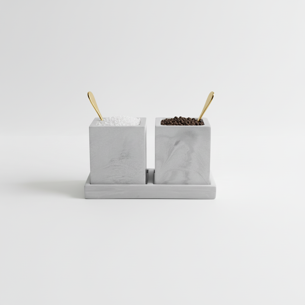 Marble salt and pepper shaker set with gold spoons on a white background