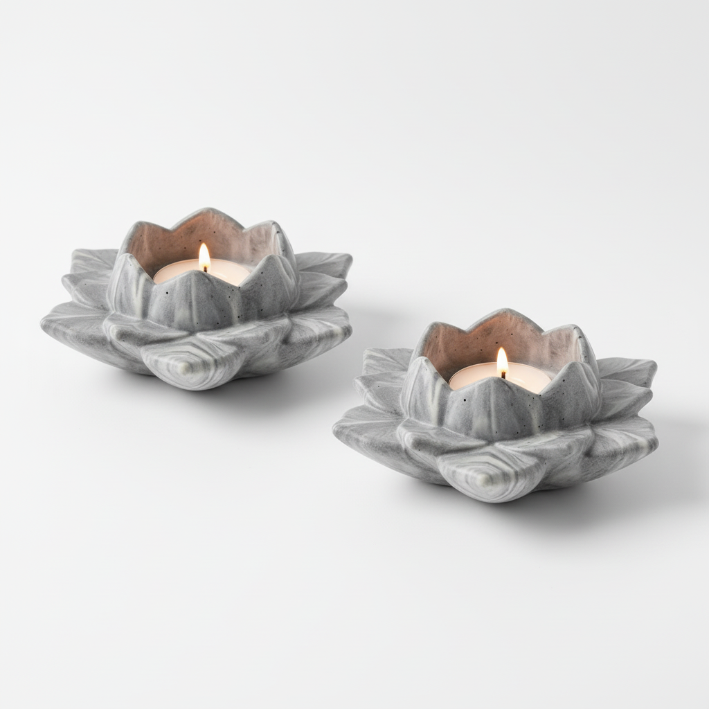 Two gray lotus-shaped candle holders with lit candles on a white background
