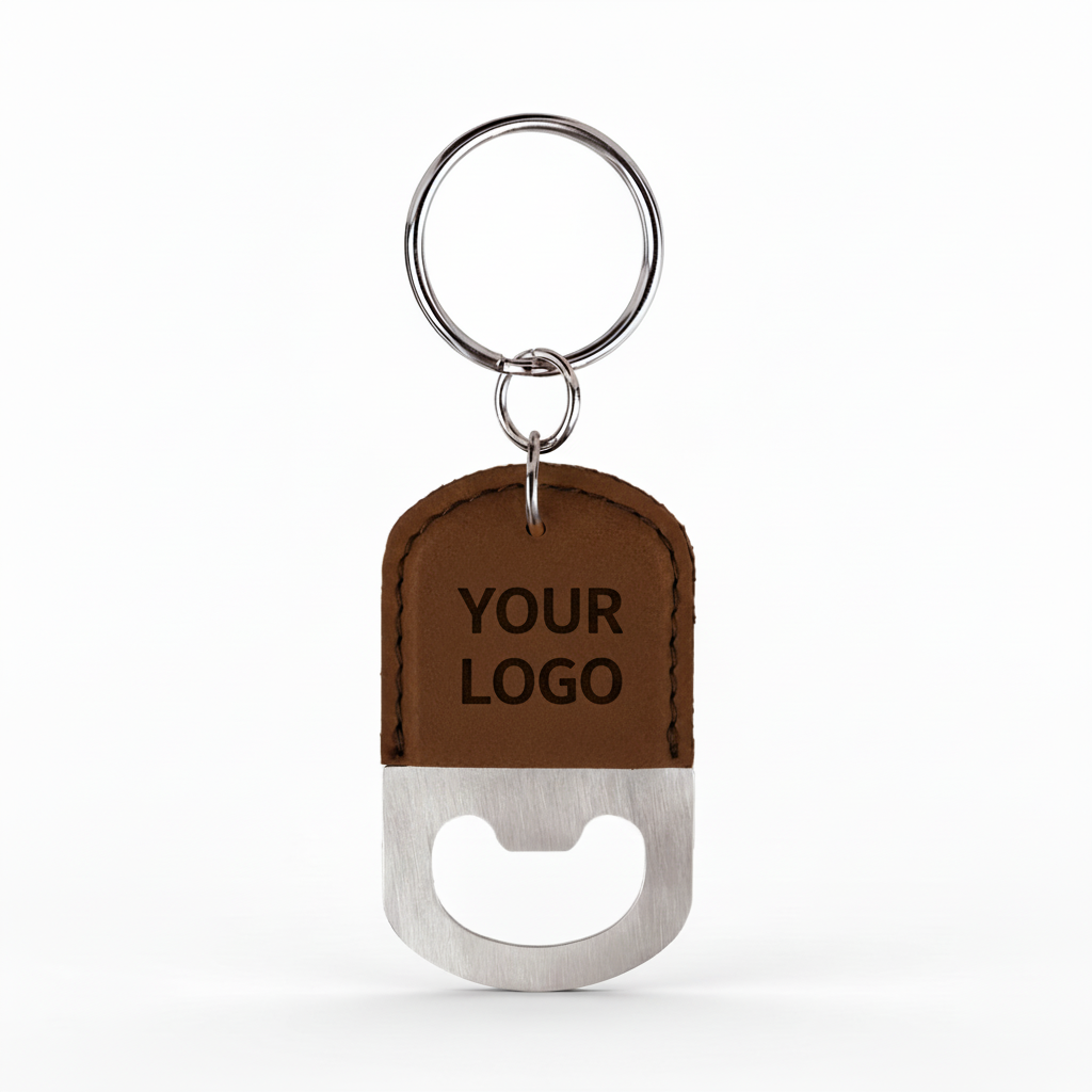 Brown leather keychain with bottle opener and 'Your Logo' text on a white background