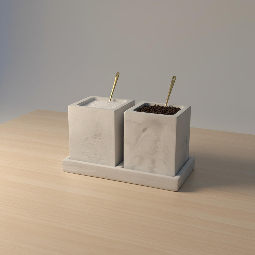 Two concrete planters with gold planters on a wooden surface