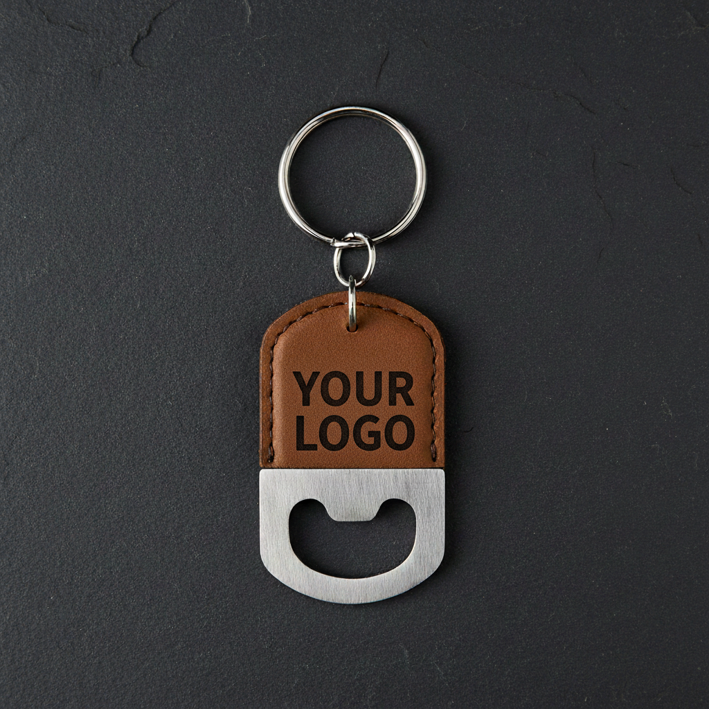Brown leather bottle opener keychain with 'Your Logo' text on a dark gray background