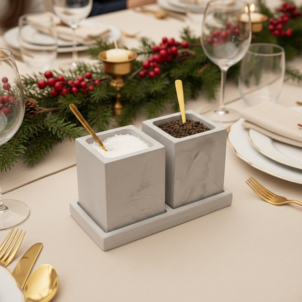 Decorative salt and pepper shakers on a table with Christmas decorations.