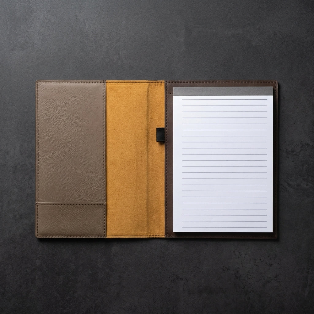 Notebook with a leather cover in brown and beige on a dark gray background