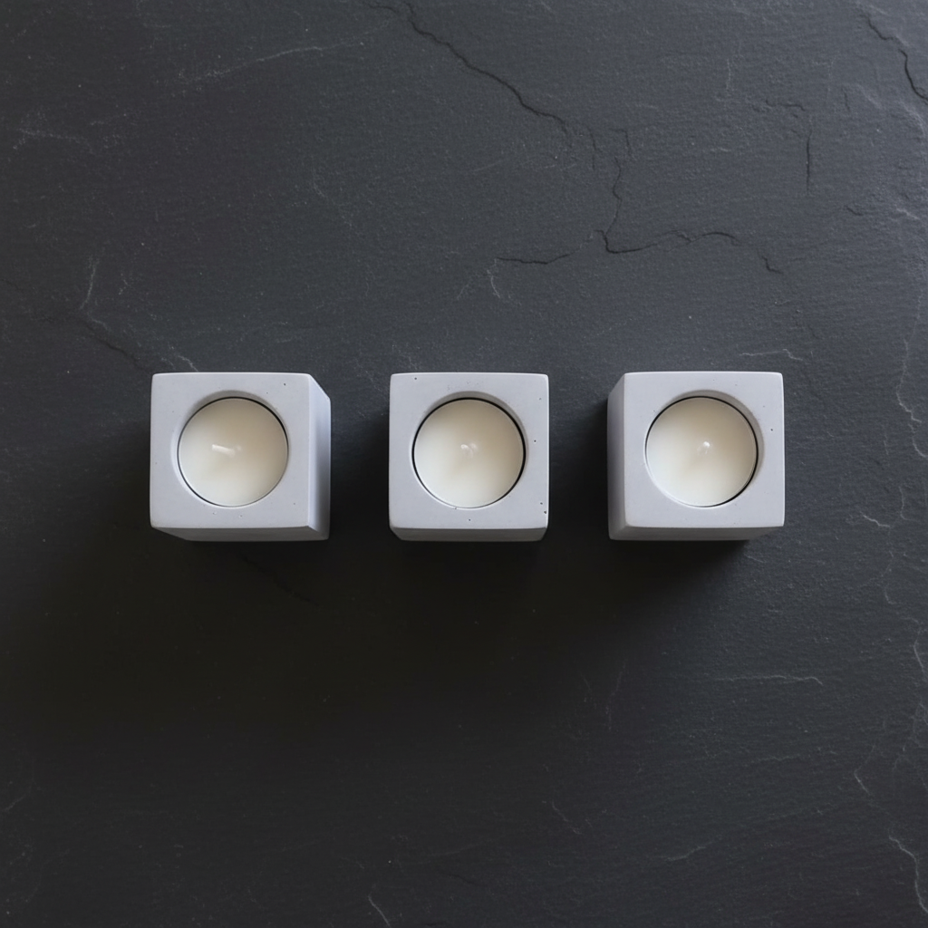 Three white square candle holders with candles on a dark gray surface