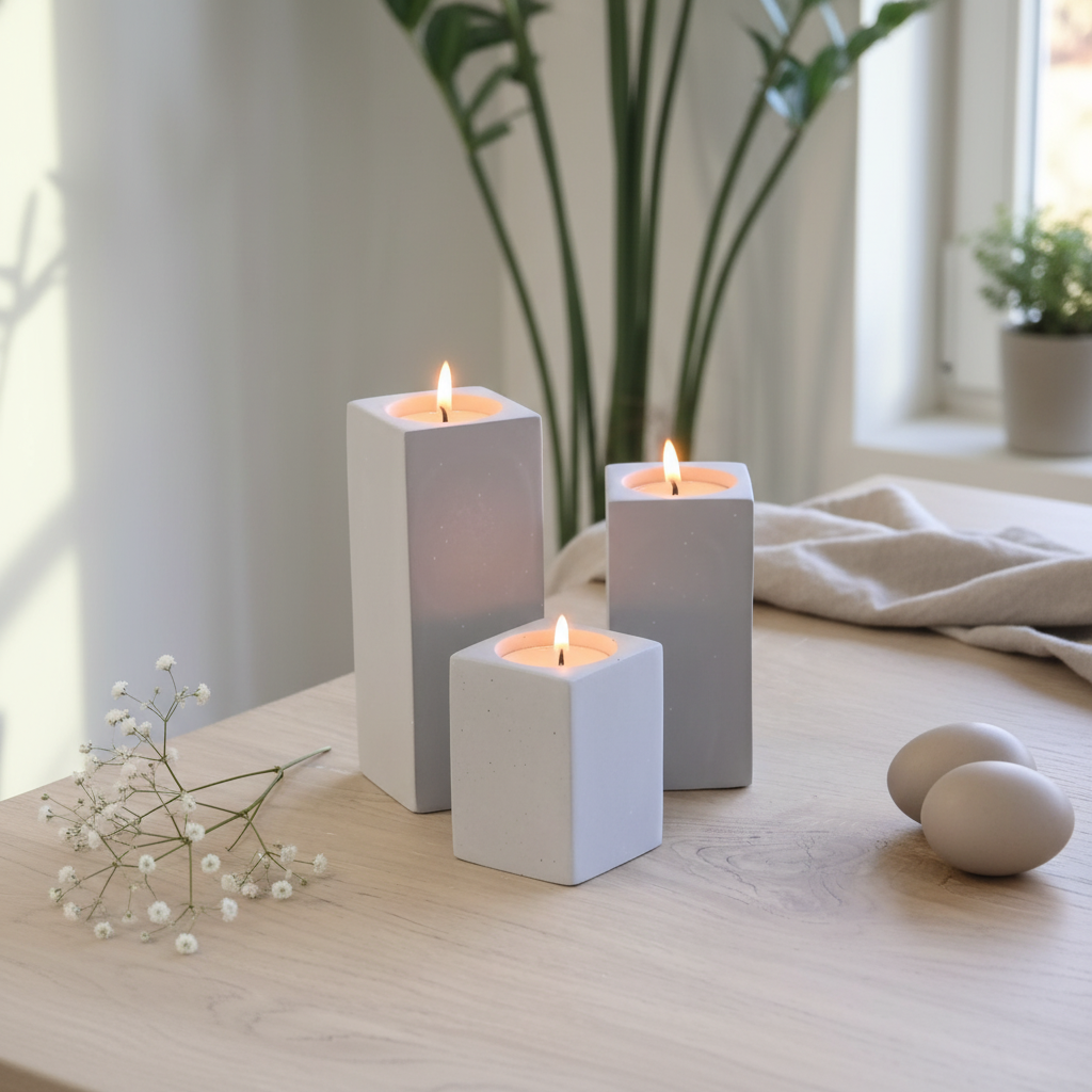Three white square candles on a wooden surface with a plant and eggs in the background