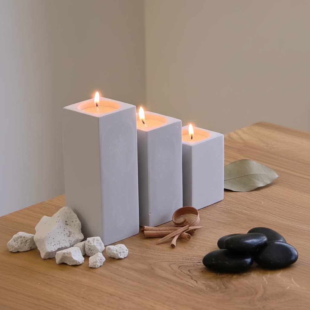 Three white candles in concrete holders on a wooden surface with decorative stones and leaves.