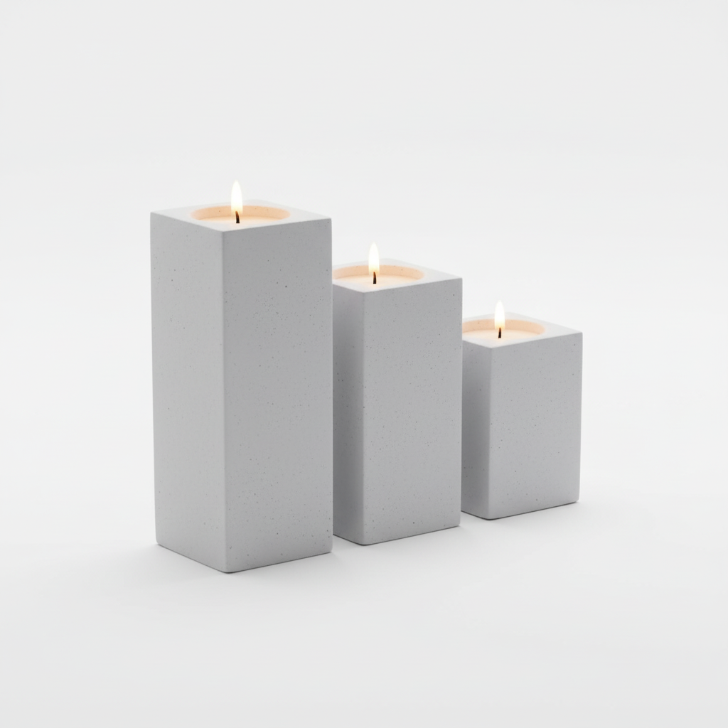 Three square concrete candle holders with candles on a white background