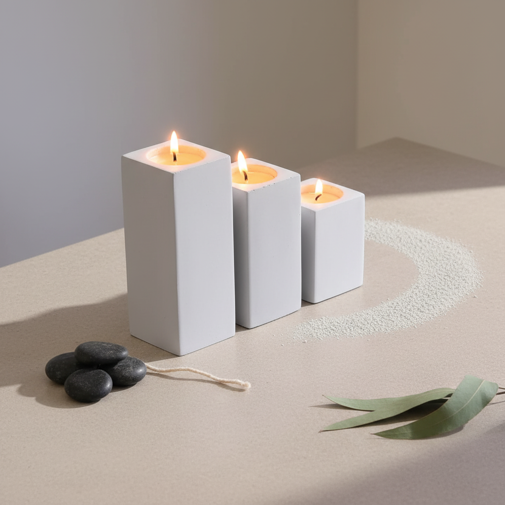 Three white candles in square holders on a beige surface with stones and a leaf.