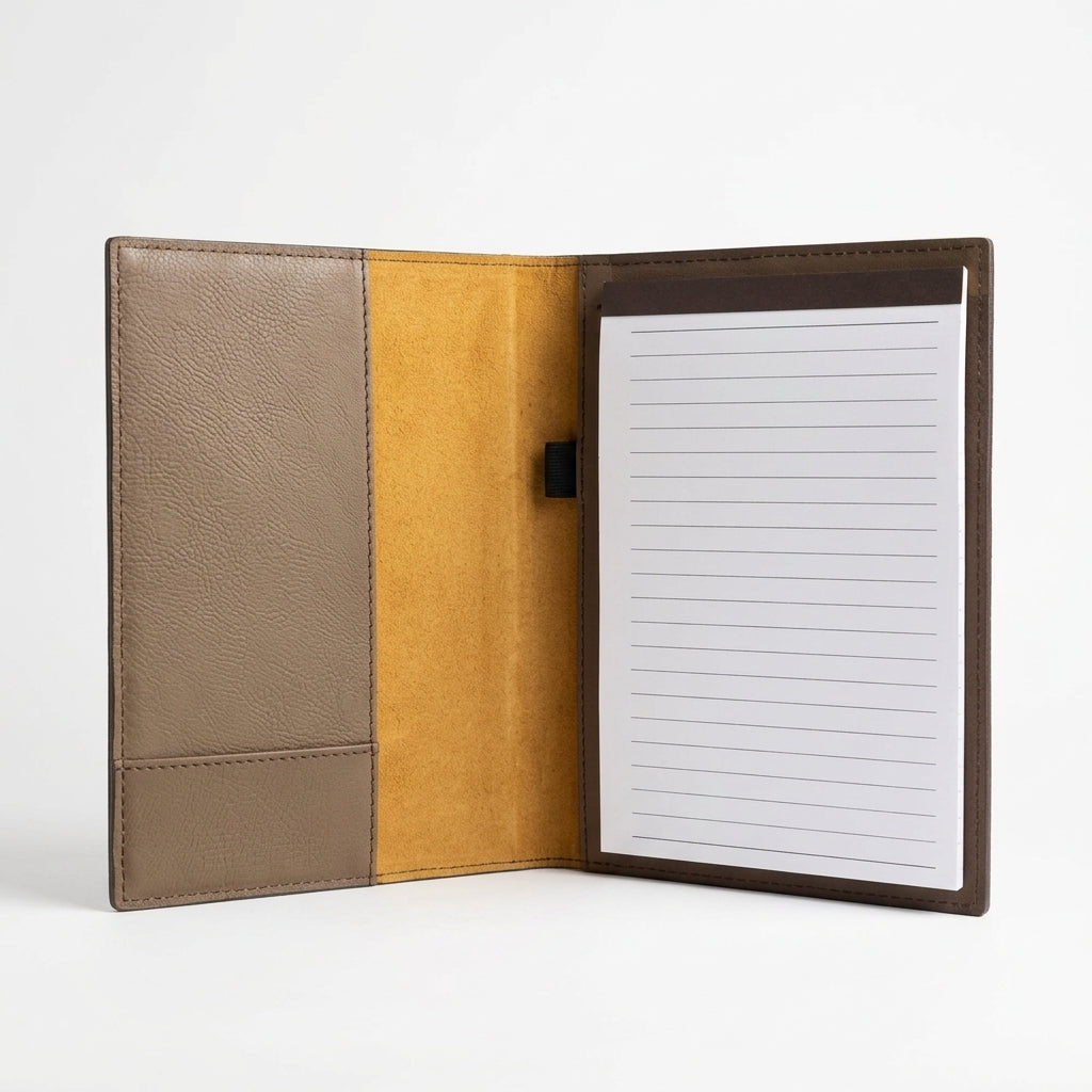Leather-bound notepad with a pen holder on a white background