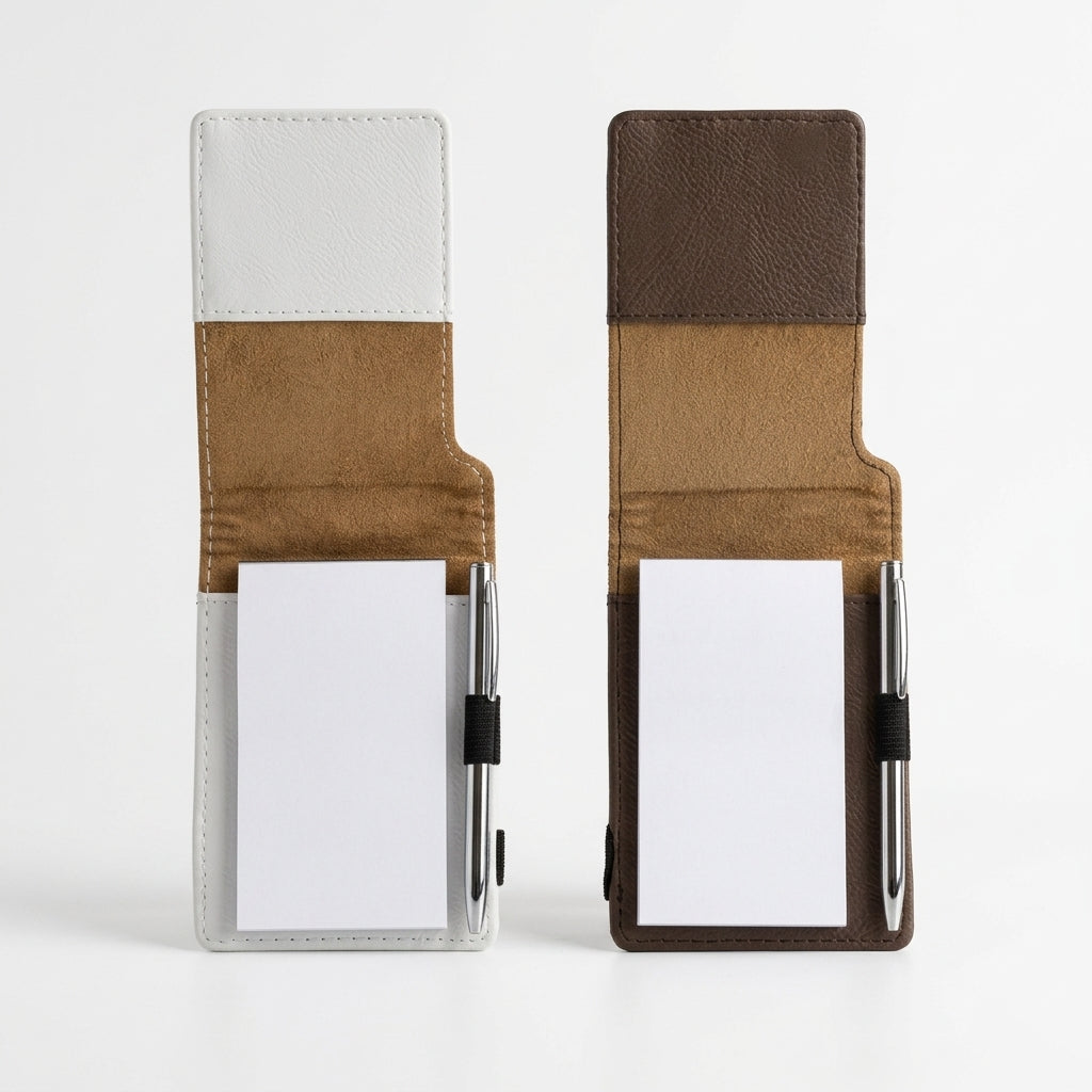 Two stationery holders with pens and notepads on a white background