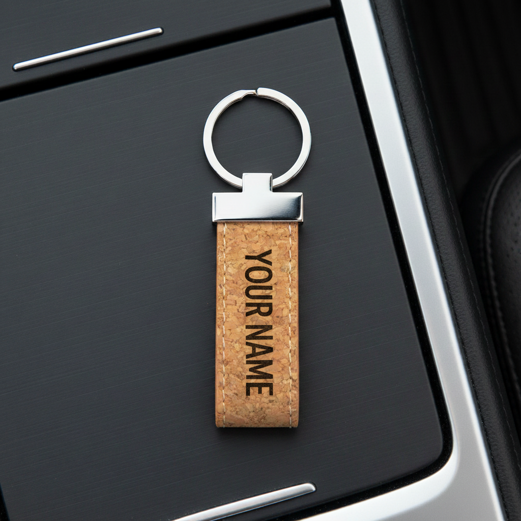 Personalized keychain with 'YOUR NAME' text on a car door handle.