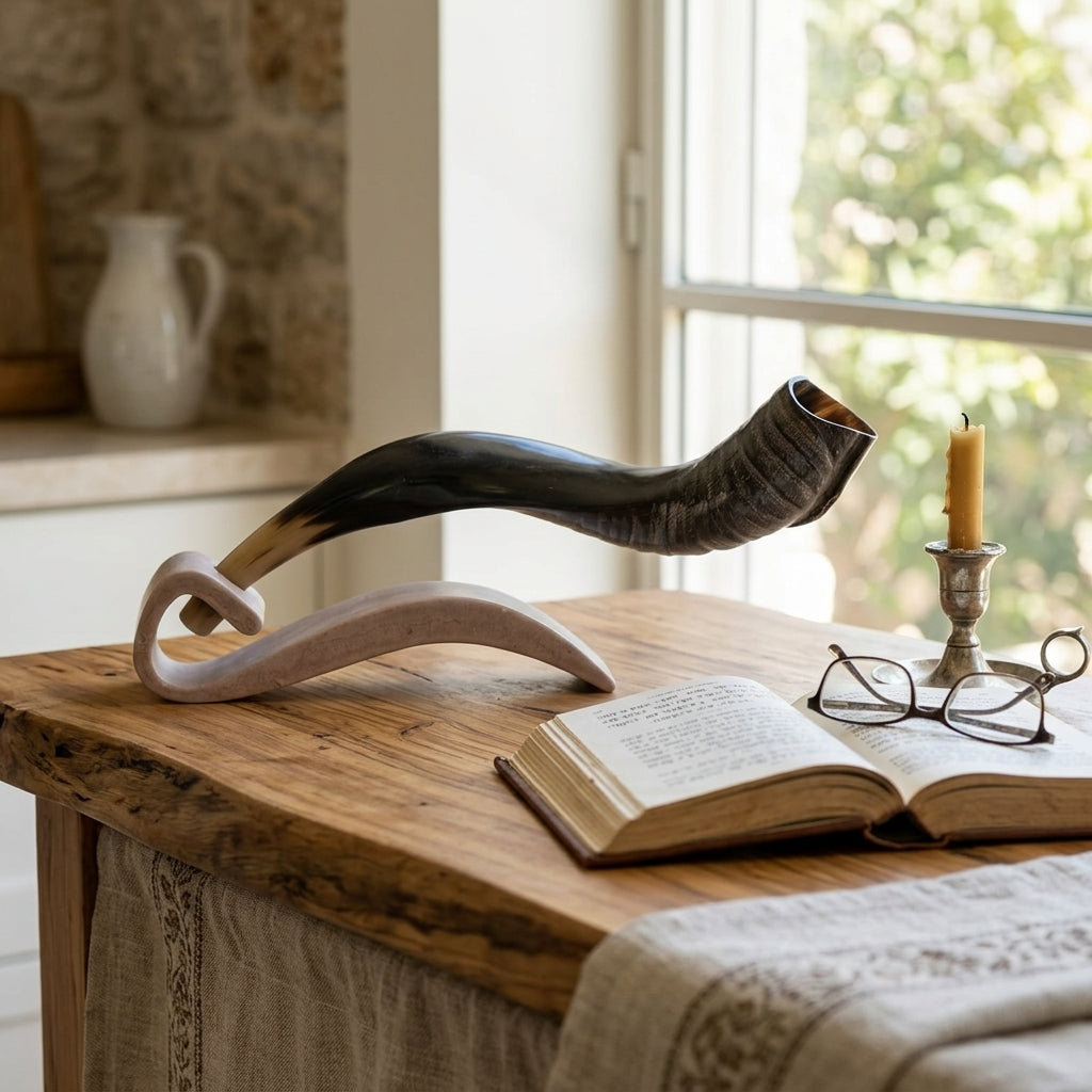 Shofar on a wooden table with an open book and candle in the background