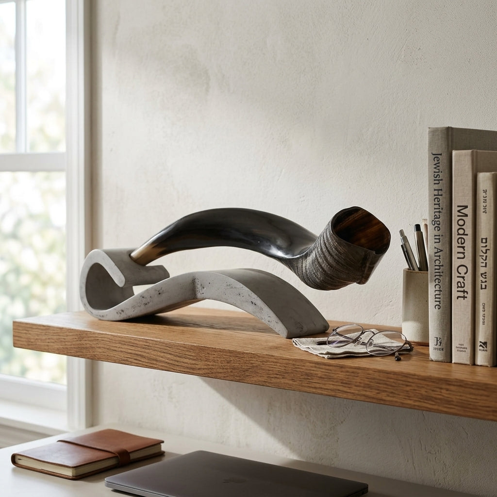 Decorative sculpture on a wooden shelf with books and stationery in the background