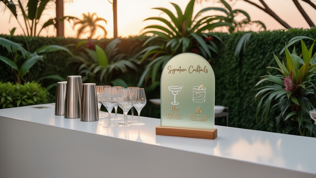 Decorative sign for signature cocktails on a table with cocktail shakers and glasses outdoors.