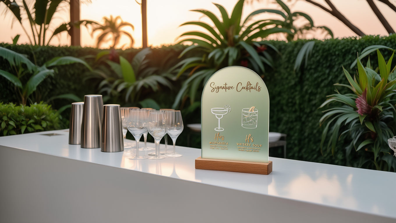 Decorative sign for signature cocktails on a table with cocktail shakers and glasses outdoors.