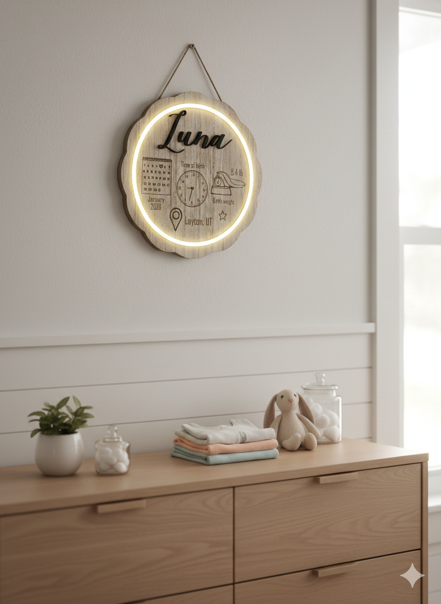 Decorative wall sign with 'Luna' on a dresser in a room.