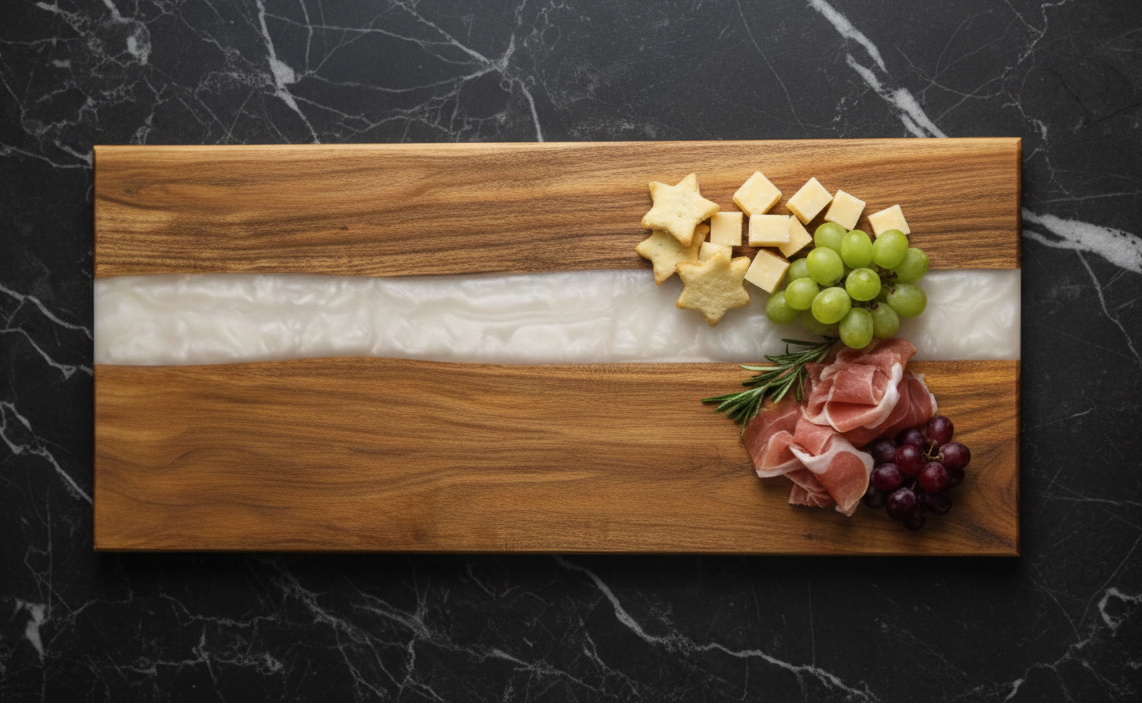 Wooden cutting board with cheese, grapes, and prosciutto on a marble surface