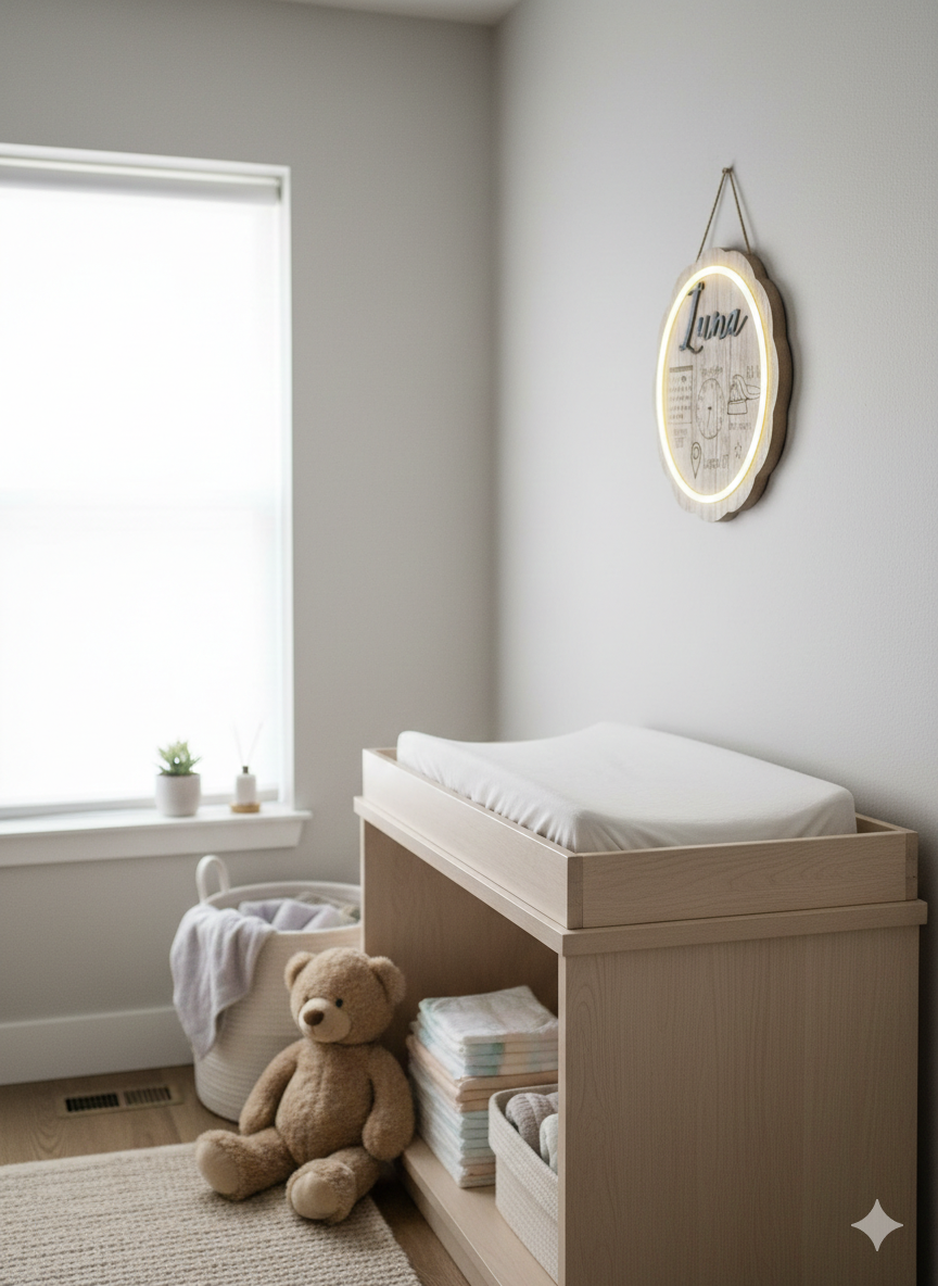 Nursery room with changing table, teddy bear, and decorative wall art.