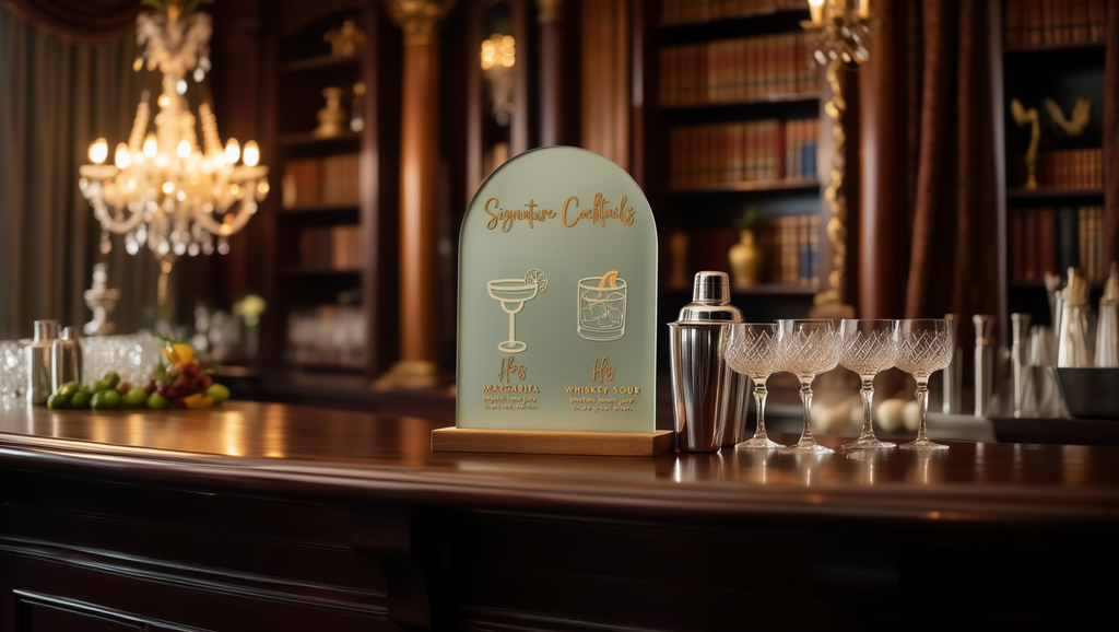 Bar setup with a sign for signature cocktails in a dimly lit room with chandeliers.