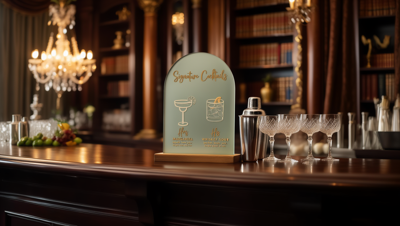 Bar setup with a sign for signature cocktails in a dimly lit room with chandeliers.
