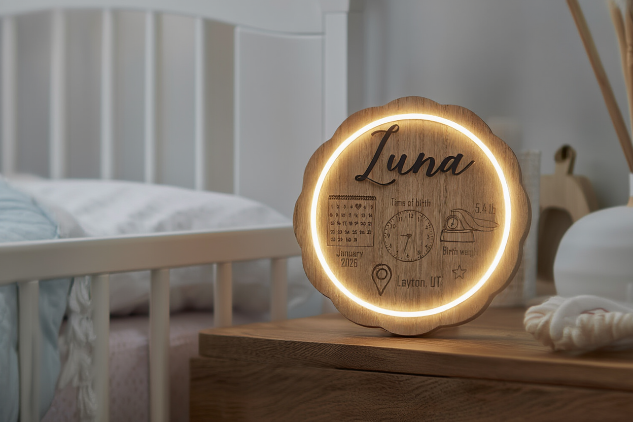 Wooden night light with 'Luna' branding on a wooden surface in a softly lit room.