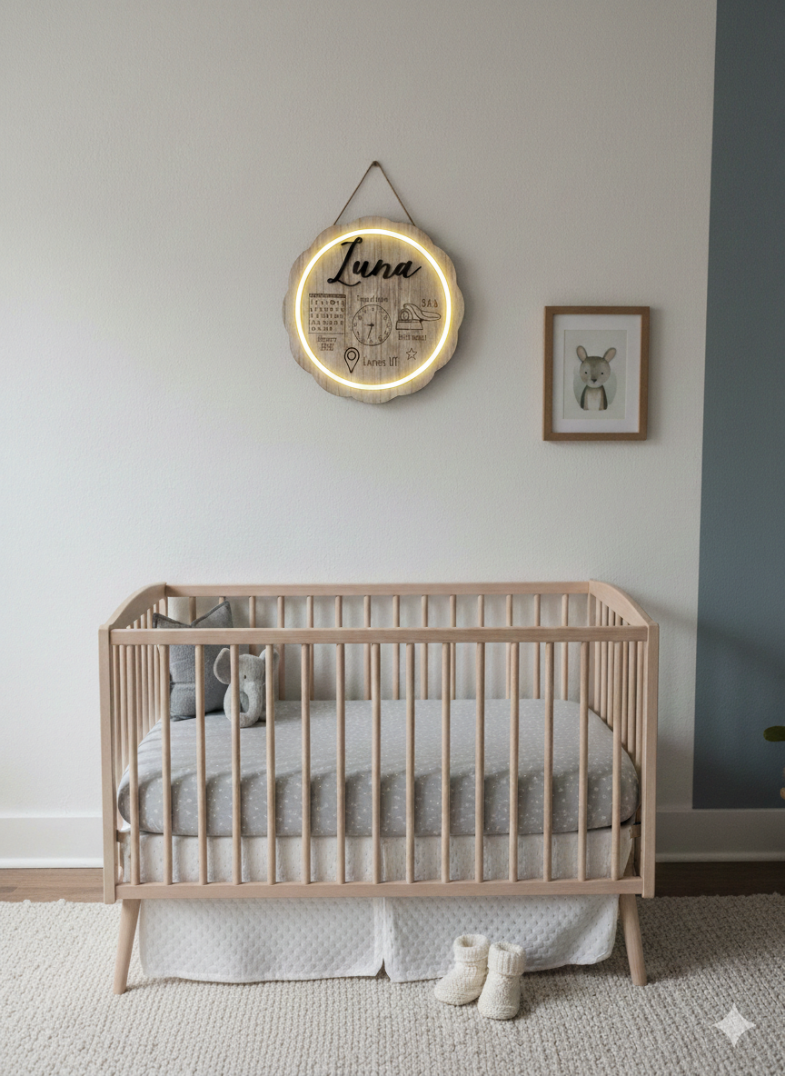 Nursery room with a wooden crib, round wall light, and framed picture.