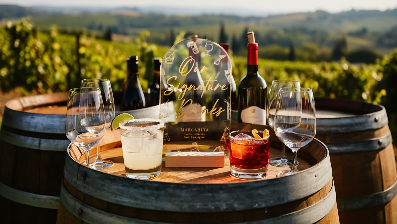 Wine bottles and glasses on barrels with a scenic vineyard background