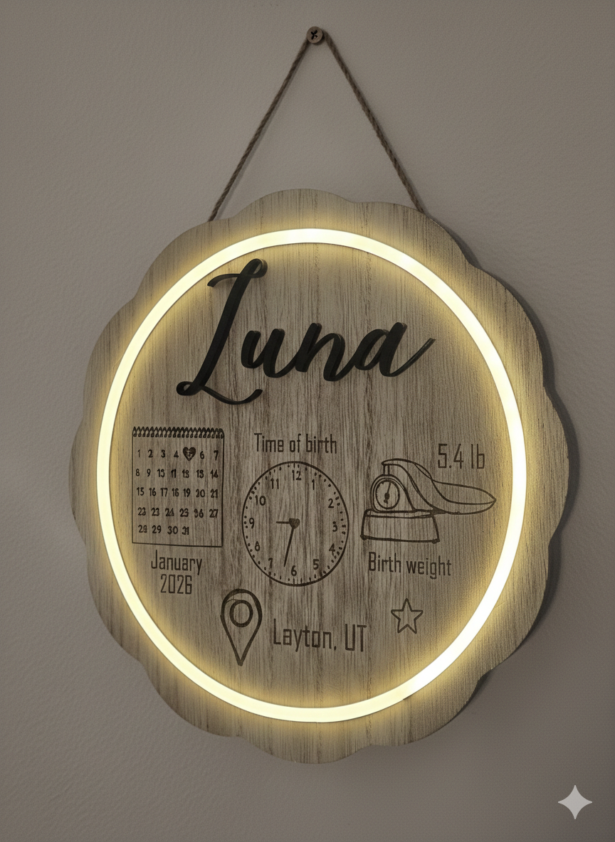 Wooden wall hanging with engraved details and glowing edge on a gray background